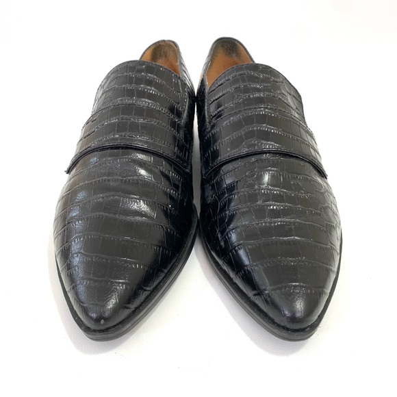 Franco Sarto Pointed Toe Loafers 8 M Black Leather Flat Croc Print Slip On - Picture 8 of 12